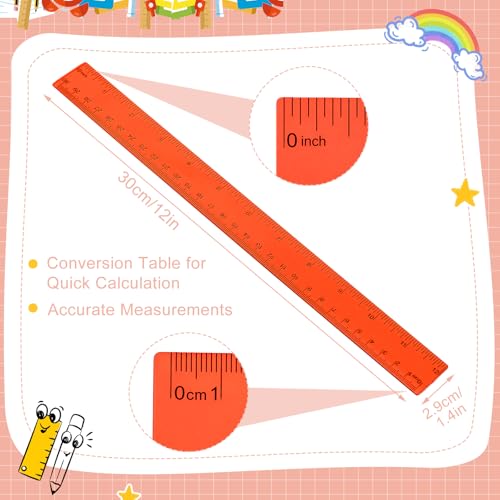 EBOOT 2 Pack Plastic Ruler Straight Clear Measuring Tool, Red, 12 Inch - color: Red, size: 12 Inch