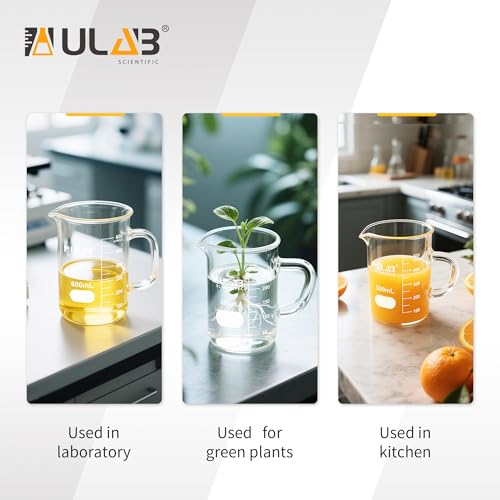 ULAB Glass Beaker with Handle, Vol. 500ml, 3.3 Borosilicate Griffin Low Form with Printed Graduation,Pack of 2,UBG1070