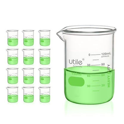 Utile 150ml Beaker Set, 12pcs of 5.1oz Upgraded Thickening Grass Beakers, Low Form Chemical Lab Beakers, Borosilicate 3.3 Glass with Printed Graduation, 4000.0150.12 - style: 150 ml (12pcs)