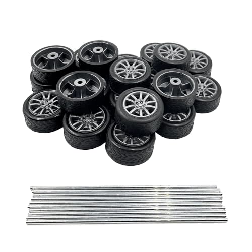 20PCS Small Toy Car Wheel 16mm Model Car Mini Rubber Tire Wheels with 10PCS Shaft Round Rod Axles for DIY Model Toy RC Car Truck Robot Building Accessories (Silver 2x16mm) - style: Silver 2x16mm