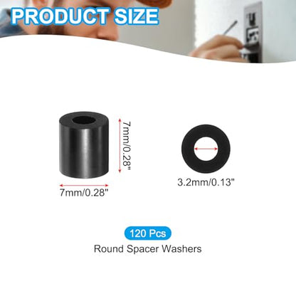 PATIKIL M3 Black ABS ID 3.2mm,OD 7mm,Length 7mm, Nylon Round Spacer Washers, 120Pcs Plastic Standoff Rubber Nut Unthreaded for M3 Screws Electrical Outlet Switch Receptacle - size: 3.2mm x 7mm x 7mm