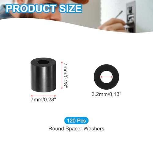 PATIKIL M3 Black ABS ID 3.2mm,OD 7mm,Length 7mm, Nylon Round Spacer Washers, 120Pcs Plastic Standoff Rubber Nut Unthreaded for M3 Screws Electrical Outlet Switch Receptacle - size: 3.2mm x 7mm x 7mm