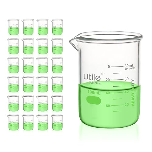 Utile 100ml Glass Beaker Set, 24pcs of 3.4oz Upgraded Thickening Chemical Beakers, Low Form Borosilicate 3.3 Glass with Printed Graduation, 4000.0100.24 - style: 100 ml (24pcs)