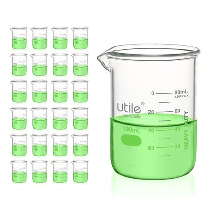 Utile 100ml Glass Beaker Set, 24pcs of 3.4oz Upgraded Thickening Chemical Beakers, Low Form Borosilicate 3.3 Glass with Printed Graduation, 4000.0100.24 - style: 100 ml (24pcs)
