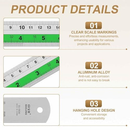 HARFINGTON 4pcs Metal Straight Ruler 30cm Metric SAE Aluminum Alloy Measuring Rulers Scale Tool with Hole for Measure Study Reading Classroom Office, Green - color: Green, size: 30cm