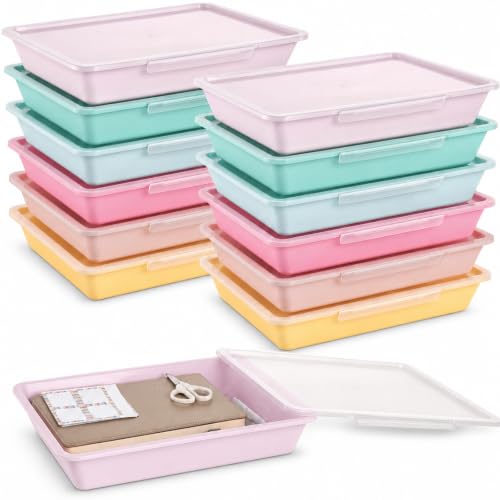 12 Pcs Letter Size Flat Storage Tray with Latching Lid (Pastel) - color: Pastel