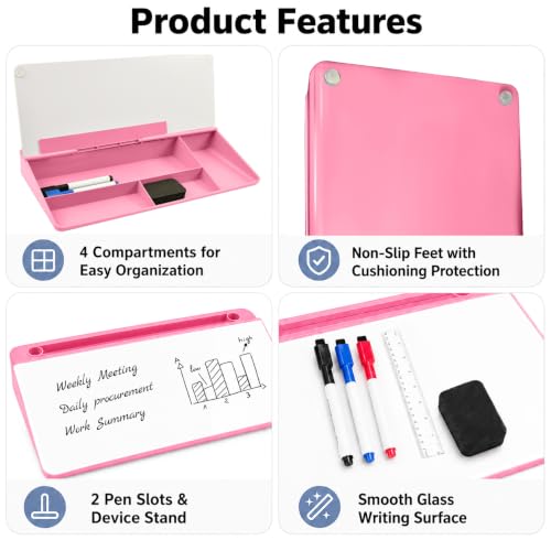 Glass Desktop Whiteboard,Dry Erase Board Buddy Keyboard Stand - color: Pink