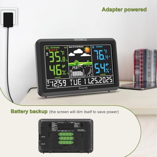 DreamSky Weather Station Indoor Outdoor Thermometer Wireless, Atomic Clock - color: Black with 2 sensors