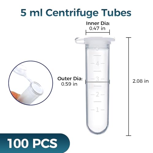 100Pcs 5ml Centrifuge Tubes with Snap Cap, Small Sterile Microcentrifuge Tube Test Vials Plastic Sample Storage Container for Lab - size: 5ML-100PACK