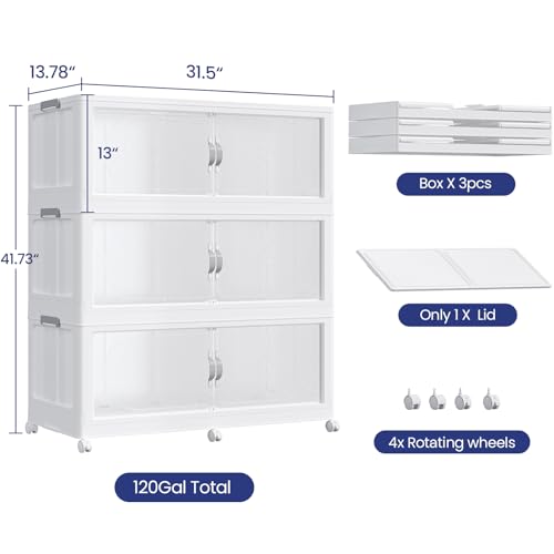 480QT Extra Large Stackable Storage Bins with Lid, 120Gal Plastic Closet Organizers and Storage Drawer, Collapsible Cabinet Box with Wheels Clear Doors for Home Kitchen Office, 3Pack White - size: 160QT