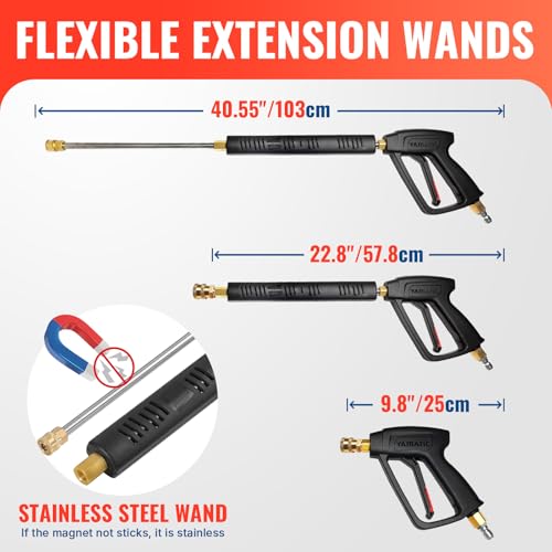 YAMATIC Pressure Washer Gun and 50FT Flexible Hose Stainless Steel Wand - size: 50ft hose & long gun