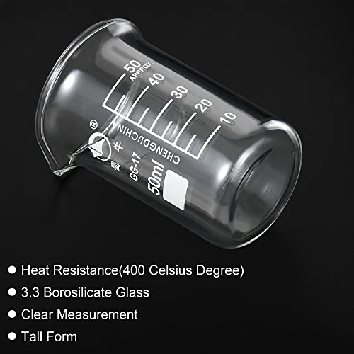 PATIKIL 50ml Tall Form Glass Beaker, 3.3 Borosilicate Glass Graduated Printed Scale Measuring Cups with Spout for Kitchen Lab Liquids Transit Boiling - size: 50ml