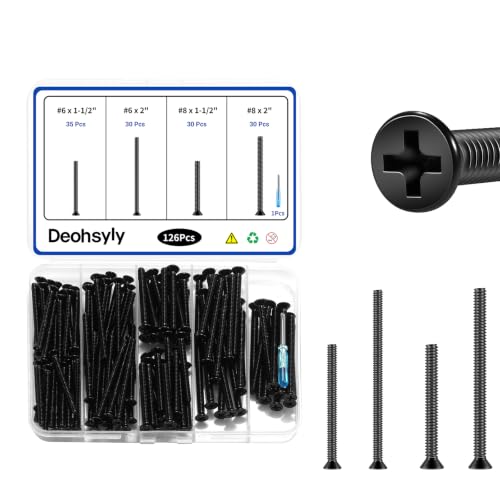 126Pcs Long Electrical Outlet Screws, #6-32#8-32 Wall Plate Switch Screws, Flat Head Phillips Machine Screws for Outlets, Light Switches & Deep, 304 Stainless Steel Black, with Tool - color: Black, size: #6#8 126Pcs