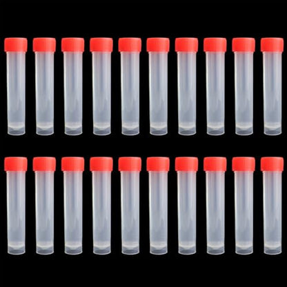 20PCS 20mL Plastic Freezer Test Tubes Small Vial Containers with Screw Caps Sampling Tubes for Laboratory Cryogenic Storage of Samples Powders and Liquids Red Transparent