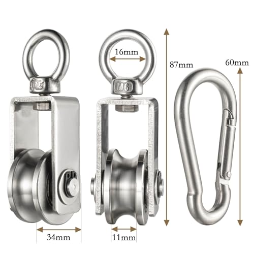 Cable Pulley Wheel for Rope with Carabiner,Ball Bearings, Smooth No Noise, 360° Swivel Small Wire Pulley for Pulley System Lifting, DIY Home Gym, Winch, 1 Pack