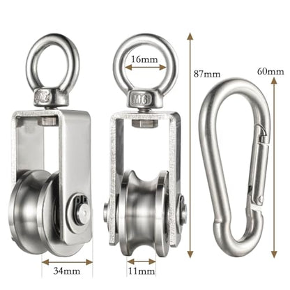 Cable Pulley Wheel for Rope with Carabiner,Ball Bearings, Smooth No Noise, 360° Swivel Small Wire Pulley for Pulley System Lifting, DIY Home Gym, Winch, 1 Pack