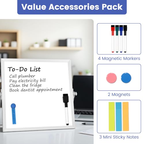 Small Desktop White Board with Stand, 10" x 10" Double-Sided Silver Aluminium Frame Whiteboard, Mini Dry Erase Board for Home, Office, Kitchen - size: 10"W x 10"H