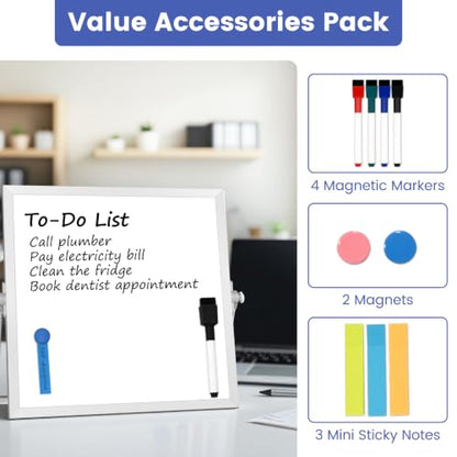 Small Desktop White Board with Stand, 10" x 10" Double-Sided Silver Aluminium Frame Whiteboard, Mini Dry Erase Board for Home, Office, Kitchen - size: 10"W x 10"H