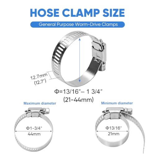 TICONN 12PCS Hose Clamps Set 304 Stainless Steel, 13/16"-1-3/4" Worm Gear - size: SAE #16 12PCS 13/16''~1-3/4"