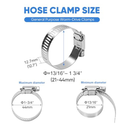 TICONN 12PCS Hose Clamps Set 304 Stainless Steel, 13/16"-1-3/4" Worm Gear - size: SAE #16 12PCS 13/16''~1-3/4"