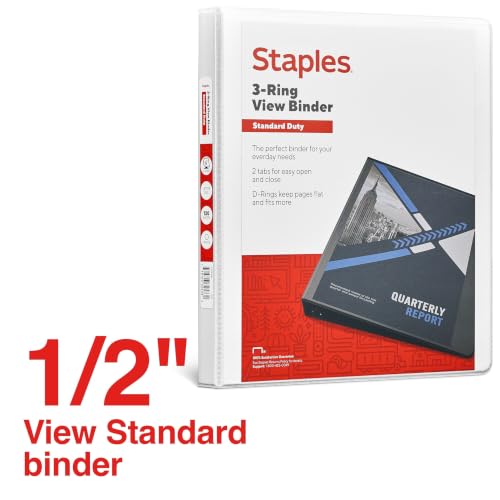 Staples 1/2" 3-Ring View Binder, D-Ring, White, 4/Pack - color: White, size: 0.5-Inch, style: 4 Pack