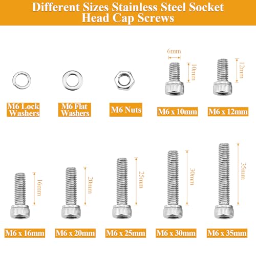 118 Pieces M6 Screws Nuts Washers Set, Sutemribor M6 x 10/12/16/20/25/30/35mm Hex Socket Head Cap Screws Nuts Washers Assortment Kit, 304 Stainless Steel, Fully Threaded - size: M6, style: Socket Head