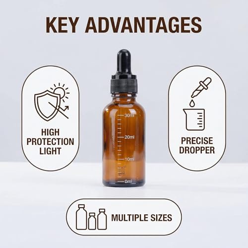 ericotry 3 Pcs 30ml 1oz Empty Refillable Amber Glass Graduated Dropper Bottle Essential Oil Cosmetics Elite Fluid Container Jar Pot Holder with Glass Pipette Dropper - size: 30 ml