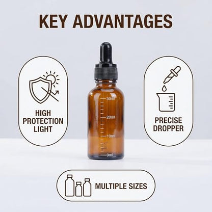 ericotry 3 Pcs 30ml 1oz Empty Refillable Amber Glass Graduated Dropper Bottle Essential Oil Cosmetics Elite Fluid Container Jar Pot Holder with Glass Pipette Dropper - size: 30 ml