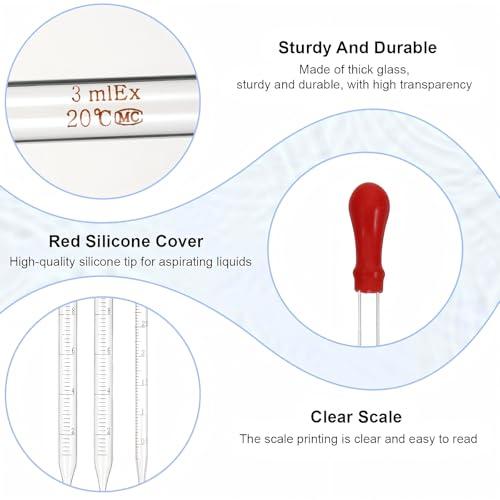 3Pcs Glass Graduated Pipettes Dropper, 10ml & 3ml Liquid Dropper with Rubber Bulb for Lab Home DIY Craft