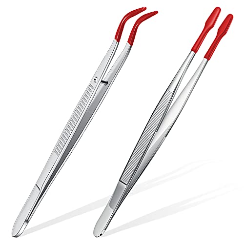 Honoson 2pcs Tweezers with Rubber Tips Set Bent and Straight, Silver, Red - color: Silver, Red