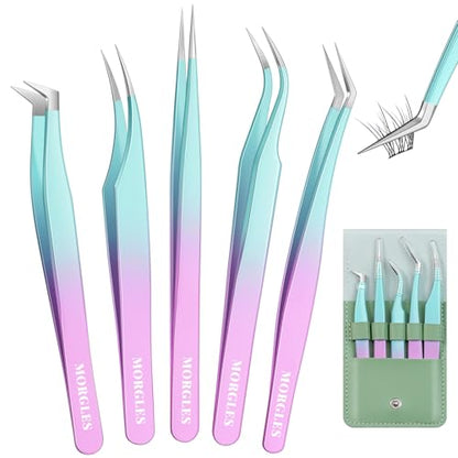 MORGLES 5 PCS Lash Tweezers Set for Eyelash Clusters - color: Green