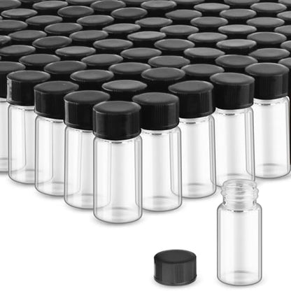 100 Pack,Glass Essential Oil Bottle with Screw Caps,Empty Refillable Travel Glass Liquid Sample Vial Labs Preservation Storage Leakproof Vials Test Container with Black Screw Caps (Clear, 5ml) - color: Clear, size: 5ml