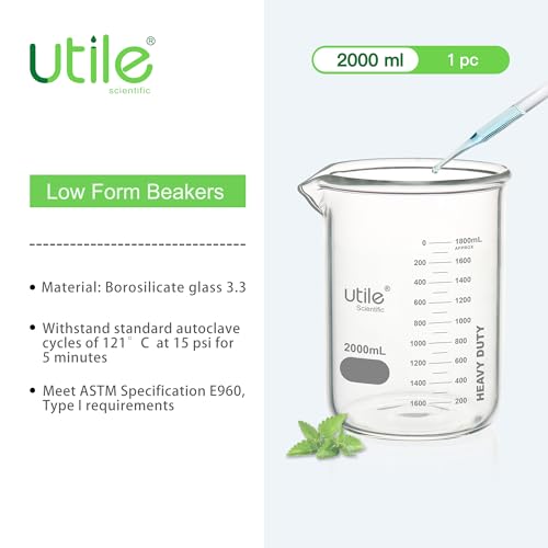 Utile 2000ml Glass Beaker Set, Chemical Glass Beakers, Low Form Borosilicate 3.3 Glass Lab Beaker with Printed Graduation, 4000.2000.1 - style: 2000ml (1pc)
