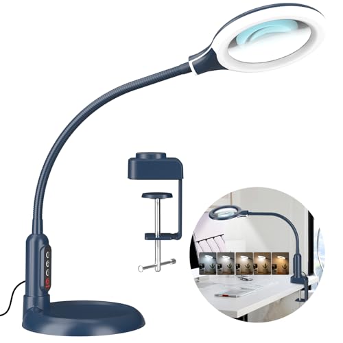 10X Magnifying Glass with Light and Clamp, 5 Color Modes Stepless Dimmable Lighted Magnifier with Stand, Flexible Gooseneck LED Desk Lamp Hands Free for Craft Painting Hobby Close Work - Blue - color: Blue, size: 10X