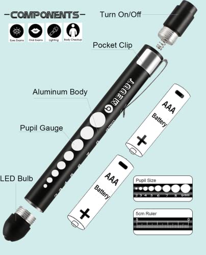 MEUUT Medical Pen Lights for Nurses 3 Pack & 6 AAA Batteries for EMT - color: Black+White+Gold