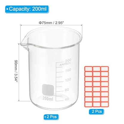 PATIKIL 200ml Glass Beaker, 2 Pack Measuring Glass Beaker Graduated Borosilicate Lab Cups Mug Low Form Heat Safe Transparent with Spout Label for Laboratory Science Kitchen Liquids - size: 200ml