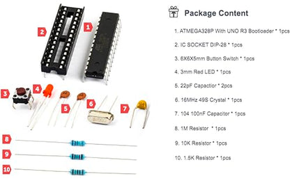 Breadboard Basic Kits for Arduino Project Atmega328P-PU Atmega328p with Uno R3 Bootloader, Dip28 Socket,16MHz Crystal, 1M Resistor, 100nF Capacitor, Reset Tactile Switch