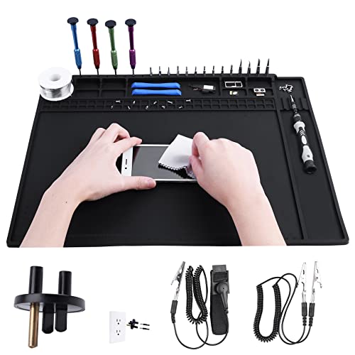 HPFIX Anti Static Mat Includes ESD Wristband and Grounding Wire and Grounding Plug for Electronics Repair, Premium Heat Resistant ESD Safe Soldering Mat (17.7" x 13.6")