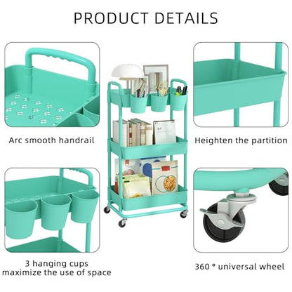 JIUYOTREE 3-Tier Plastic Rolling Storage Cart Utility Cart Green - color: Green, size: 3-Tier