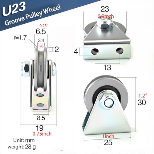 Mini Pulley Block for 1/8 Rope, 260lbs Heavy Duty Silent Bearing Wheel Bearings Wire Cord Guide Wheel for Lifting with Bracket,23mm/1inch (U Bracket) - size: U Bracket