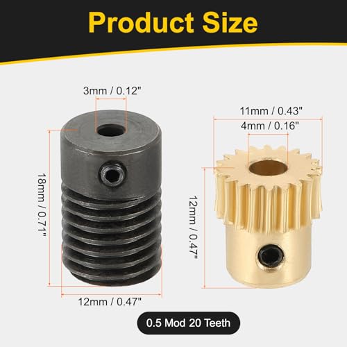 uxcell Worm Gear Set 20T 0.5 Module 20:1 Reduction Rate, Right Rotation Drive Gear Box Wheel Reduce Transmission Part (Brass Gear-4mm Bore, #45 Steel Rod 3mm Bore) - size: Gear-4mm, Rod-3mm Bore, style: 0.5M-20T