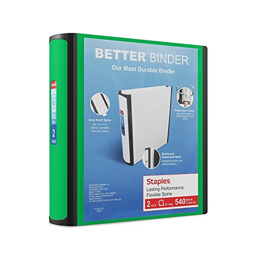 Staples Heavy-Duty 2-Inch D-Ring Binder, Green, Holds 540 Sheets - color: Green, size: 2-Inch