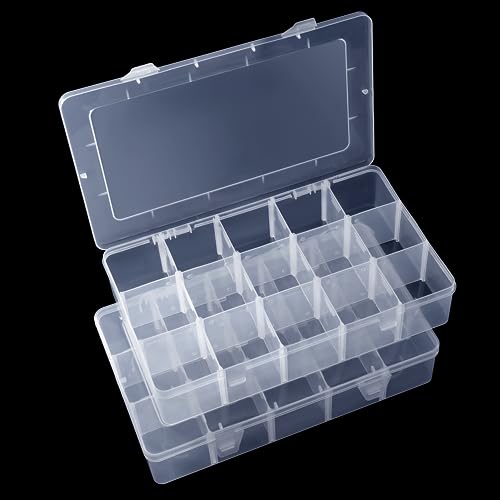 Bead Plastic Storage Organizer Box 2 Pack 15 Grids Adjustable Dividers - color: Clear-15 Grids*2