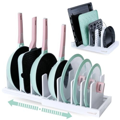 Pots and Pans Organizer under Cabinet Expandable Bamboo Pot Lid Holder Rack - color: White