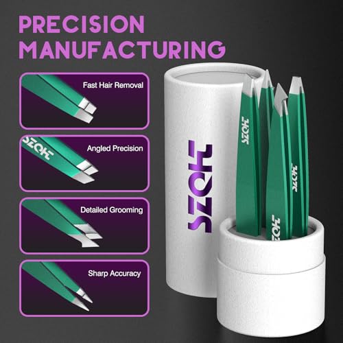4-Piece Precision Tweezers Set - Stainless Steel Slant, Pointed, Flat & Angled Tips forEyebrow Shaping, Facial & Ingrown Hair Removal - Eco-Friendly Gift Packaging - Women& Men - color: Green