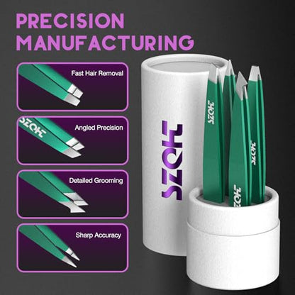 4-Piece Precision Tweezers Set - Stainless Steel Slant, Pointed, Flat & Angled Tips forEyebrow Shaping, Facial & Ingrown Hair Removal - Eco-Friendly Gift Packaging - Women& Men - color: Green