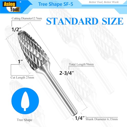 SF-5 Tungsten Carbide Burr Rotary File Tree Shape Radius End Shape Double Cut for Die Grinder Drill Bits 1/4'' Inch Diameter of Shank and 1/2'' Diameter of Cutter 1'' Inch Cutter Length - style: SF-5