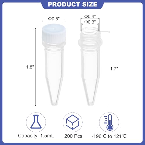 PATIKIL 1.5ml Plastic Cryogenic, 200Pcs Cryogenic Vial Screw Top Frozen Test Tube for Lab Laboratory Science, White Cap - color: White