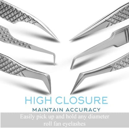 Eyelash Extension Tweezers Set of 6, Japanese Steel, Silver - color: Silver