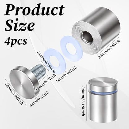 4 Pcs Sign Standoff Screws (1 x 1-3/16 Inch), Stainless Steel Advertising Screws Stand Off Wall Mounts Glass Acrylic Nail for Hanging Acrylic Picture Frame Advertising Boards